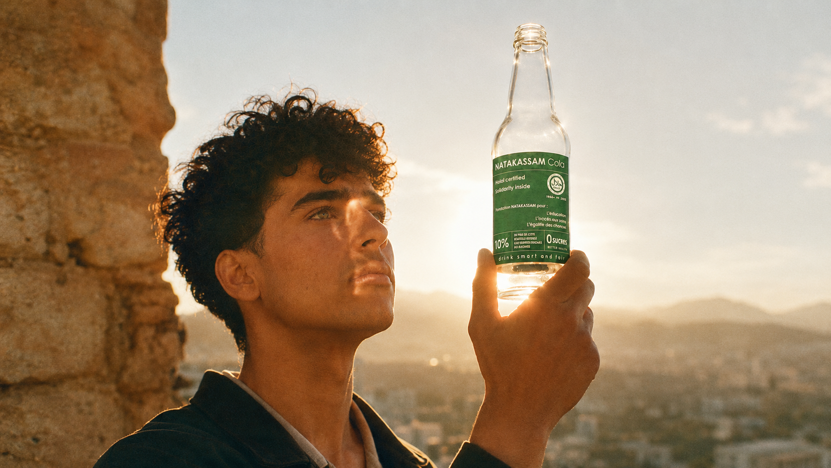 Un jeune homme observe une bouteille NATAKASSAM Cola à contre-jour